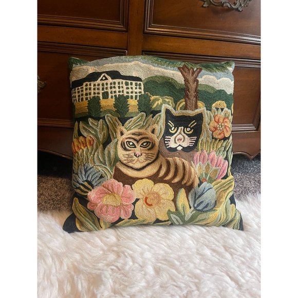 Vintage Chainstitch Embroidery Decorative Pillow with Cats 16 Inch Square - Picture 10 of 10